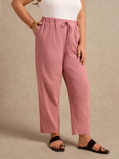 Elaquor 大碼女士腰帶及口袋設計夏季褲裝