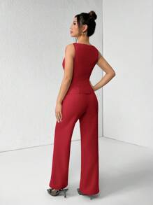 SHEIN PETITE 女士纯色圆领单排扣背心和裤子优雅通勤套装，夏秋季女装女套装办公室装商务休闲女两件套秋季女装办公室装女套装女式西装套装 - 紅色 - 查看 2