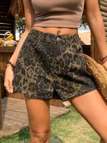 Livesso Summer New Loose Casual Leopard Print Women Denim Shorts