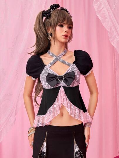 J-Fashion Camiseta de mujer con estilo Shibuya Y2K, con tirantes, encaje y parches