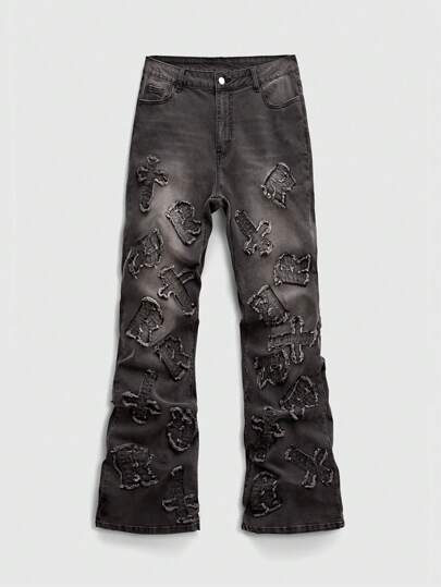 Grunge Punk Jeans casuales de pierna acampanada con bolsillos con flecos para hombre