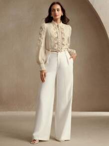 Anewsta French Elegant Lace Floral Patchwork Long Sleeve Modest Blouse, Spring For Women - Beige - View 4