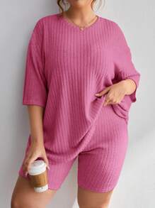 SHEIN Essnce 2pcs/Set Plus Size Casual Solid Color Drop Shoulder T-Shirt And Shorts, Summer - Hot Pink - View 1