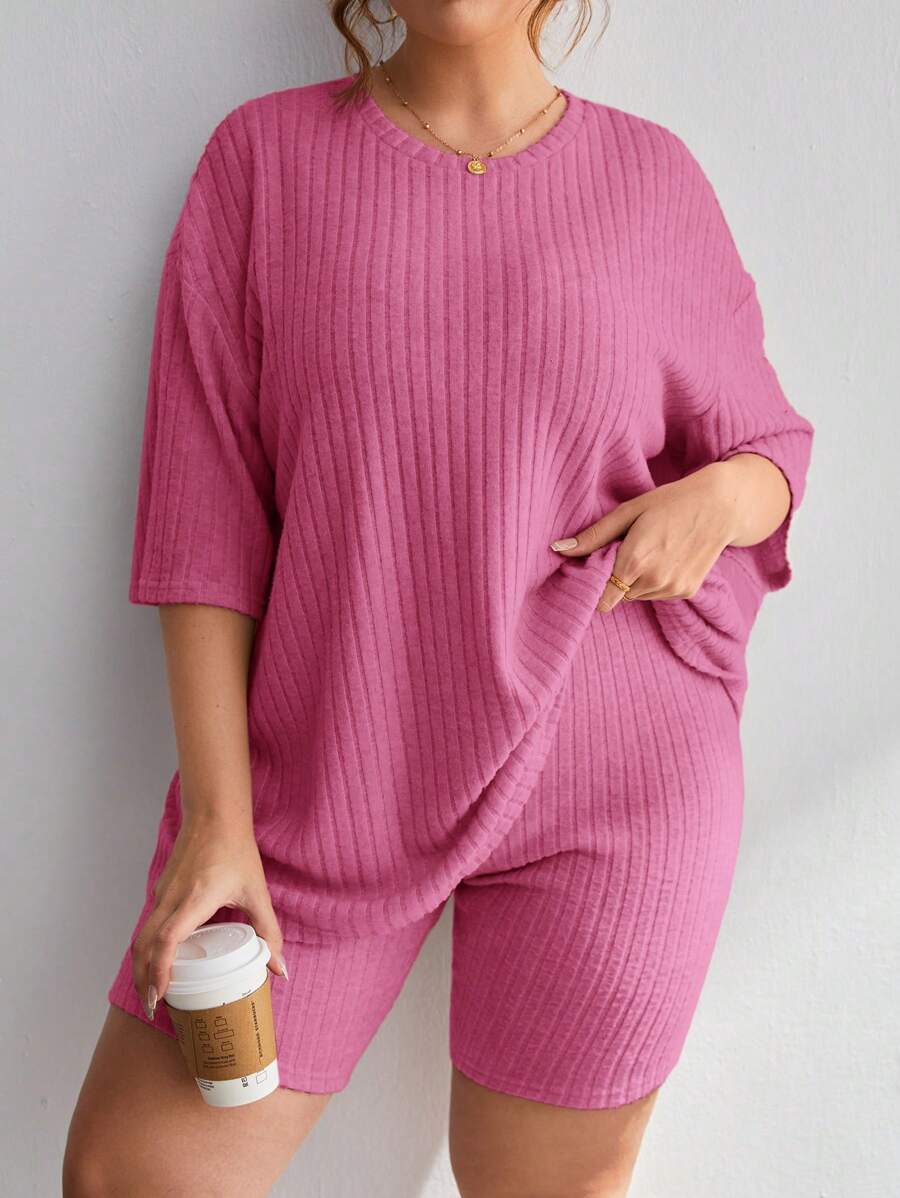 SHEIN Essnce 2pcs/Set Plus Size Casual Solid Color Drop Shoulder T-Shirt And Shorts, Summer - Hot Pink - View 1