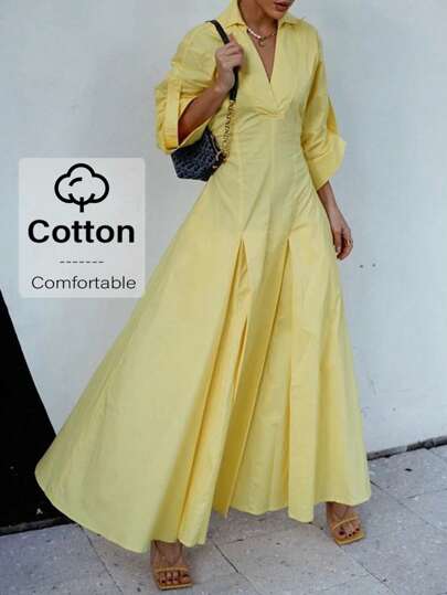 Siren Gaze 2025年波西米亚风女装夏装 | 奶油黄色办公室正装衬衫裙，七分袖，前开襟 | 复活节、早午餐、机场等场合的休闲及商务休闲装 | 女士夏季服装，女士连衣裙，挤奶女工风格，奶油黄色时尚