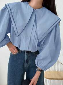 DAZY Women's Casual Ruffle Collar Long Sleeve Blouse, Spring/Fall - Baby Blue - View 4