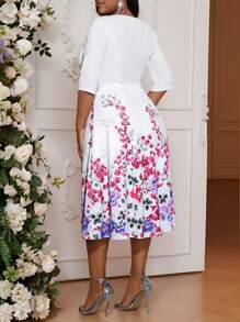 SHEIN Lady Plus Size Vrouwen Eenvoudige Bloemenprint Ronde Hals Lange Mouw Casual Jurk Winter Elegante Vier Seizoenen Herfstjurk Feestjurk voor Dames Elegante Damesjurk Kant Lange Mouw Maskeradejurk Concertjurk voor Dames Korte Jurk Valentijnsdag Nieuwjaar Feestjurk Rozenbloemjurk Paasjurk Dames Bruiloftsgastjurk Dames Vakantie Boho