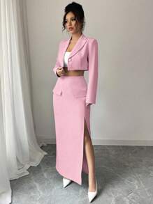Chiquease High-Quality Fashion Business Formal Purple Woven Fabric V-Neck Dropped Shoulder Long Sleeve Cropped Top With Patch Pocket And Side Split, High-Waist Straight Pants Suit, New Spring Women Clothing Sets - Pink - View 5