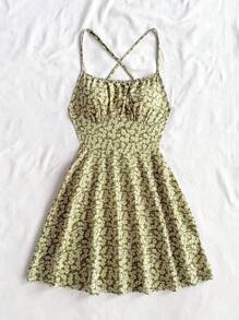 Soleia Ditsy Blumen Kreuz Schnürung Rückenfrei Spaghettiträger Mini Kleid, Sommer