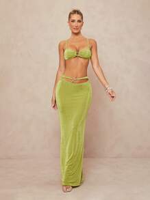 Lumalex 金属环装饰露背低腰镂空紧身超长美人鱼剪裁两件套女式 - 綠色 - 查看 5