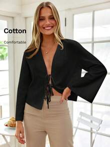 KARISMINA Solid Color Woven Flared Long Sleeve Loose Regular Blouse For Women,Long Sleeve Tops