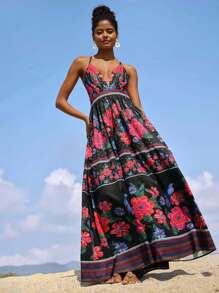 Travachic 女士梭织印花露肩长袖高开衩连衣裙、女士夏季服装、沙滩装、复活节、女士沙滩装、春假、女士度假服装、女士演唱会服装、波西米亚风、波西米亚风、音乐节、热带度假女装 - 黑與白 - 查看 6