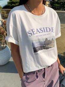 DAZY Camiseta oversize con gráfico de paisaje y eslogan, cuello caído