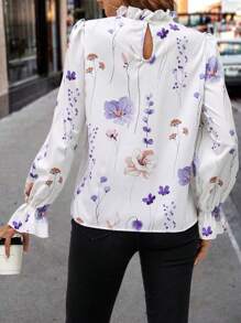 SHEIN Clasi Áo cánh cổ đứng in hoa thanh lịch đa năng cho nữ tay bèo nhún - Màu tím hoa cà - Xem 2