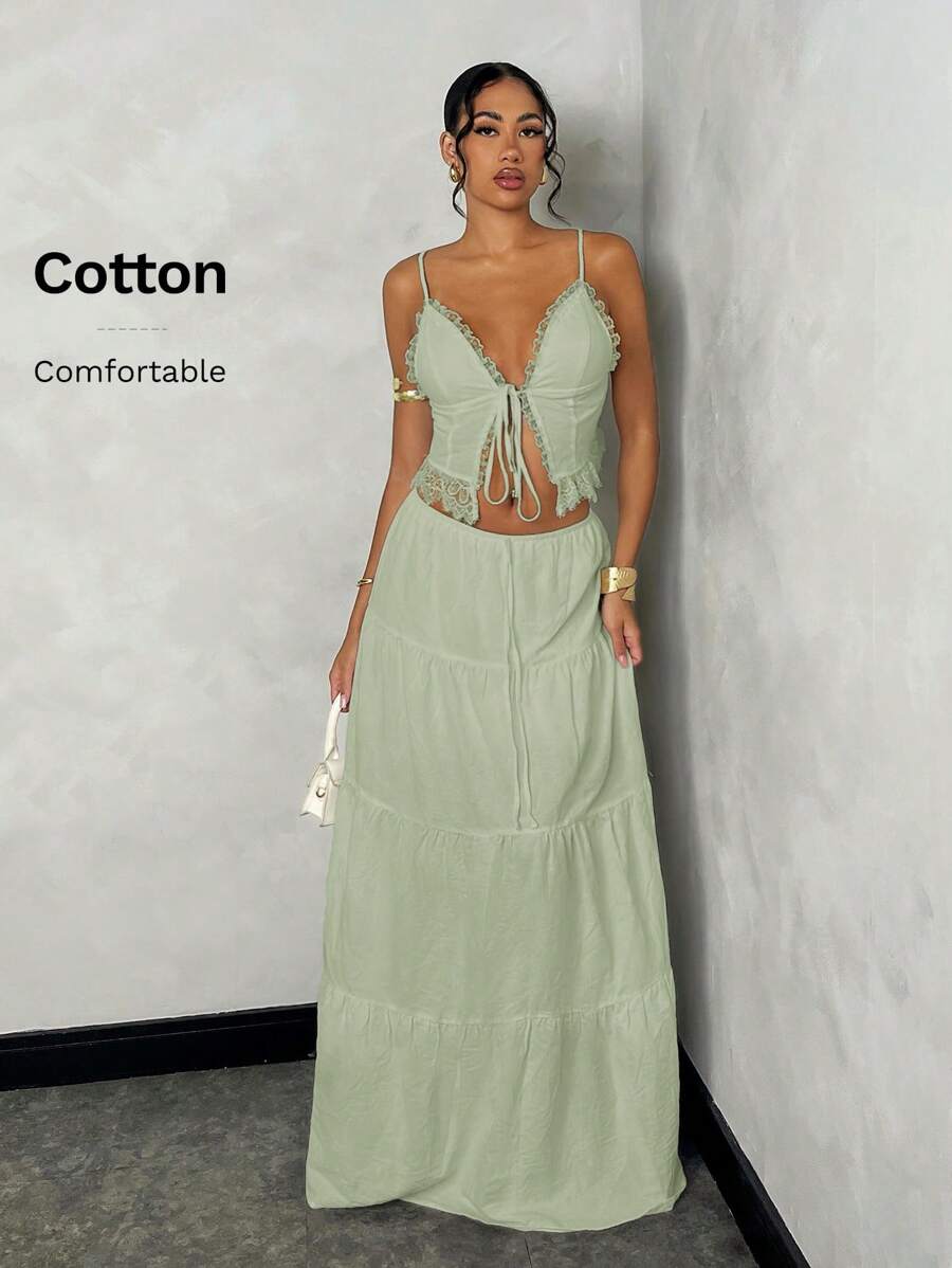 SHEIN BAE Women's Summer Beach Resort Romantic Date Everyday Wear Camisole Lace Splice Tie-Up Top + Low Waist Ruched Long Vacation A-Line Dress, White Linen Fabric Set - Mint Green - View 1