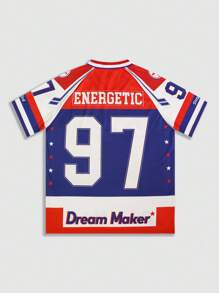 ROMWE MEN Street Life Men's Jersey Football Graphic Short Sleeve T-Shirt, Suitable For Everyday Wear In Spring/Summer