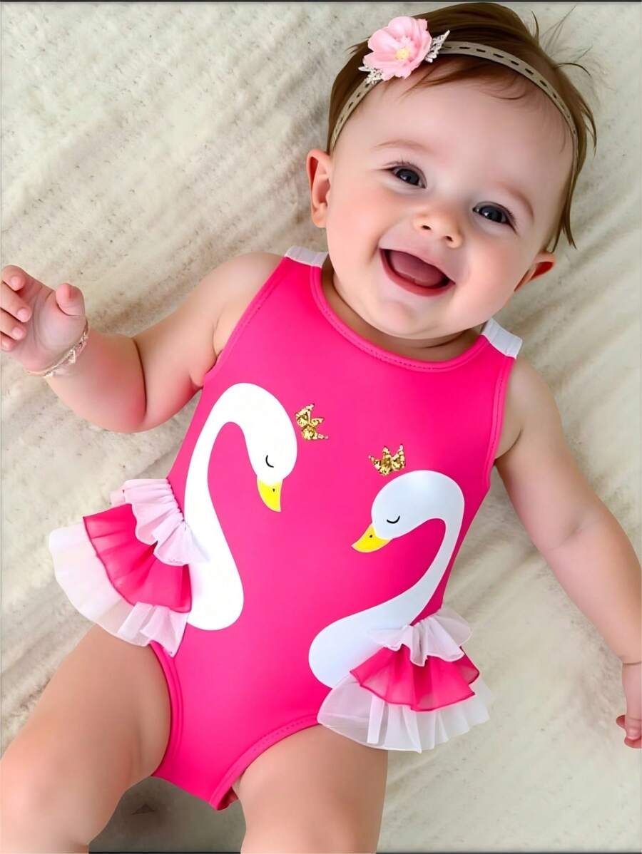 SHEIN Baby Girl Swan Print Ruffled Cute One-Piece Swimsuit For Beach/Swimming - Hot Pink - View 1