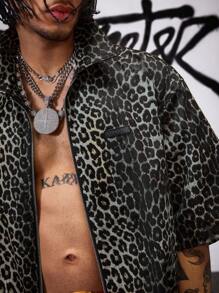 AXEPEAK Men's Leopard Print Zip Placket Short Sleeve Casual Shirt, Streetwear Edition - Grey - View 5