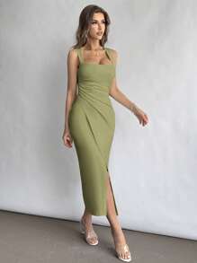 Firerie 女士方领腰部褶皱开衩连衣裙，优雅适合节日、日常穿着和婚礼季节 - 綠色 - 查看 5