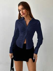 Aloruh 女士办公室通勤日常尖头下摆胸围褶饰立领单排扣修身长袖衬衫