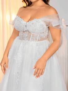 SHEIN Belle 加大码露肩透视领贴花薄纱蓬松连衣裙，优雅奢华浪漫婚纱，新娘 - 白色 - 查看 3
