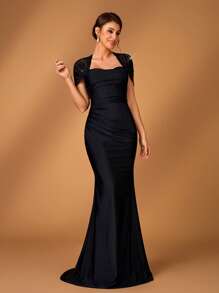 Serin Summer Elegant Romantic Gorgeous Black Sequin Embroidery Stitching Elastic Knitted Sweetheart Neck Twisted Shawl Sleeves Gathered Pleated Slim Fishtail Hem With A Small Train Suitable For Dinner Bachelorette Party Date Holiday Dance Music Festival Wedding Event Bride Mother Dress, Valentine's Day - Black - View 6