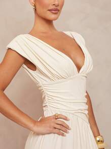 Lumalex 外出夏季泳衣泳装度假复活节波西米亚风海滩热户外丰富层次婚礼季宴会成人礼海滩海边女士纯色深 V 领荷叶边腰部连衣裙，优雅女士长裙女士优雅婚礼 - 杏色 - 查看 7