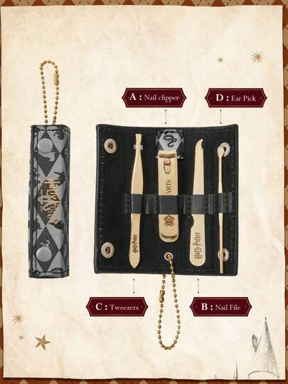 HARRY POTTER X SHEIN 5 st Hogwarts Pattern Wizarding Personal Care Set, Inkluderar nagelklippare, nagelfil, pincett, öronpetare och en förvaringsväska
