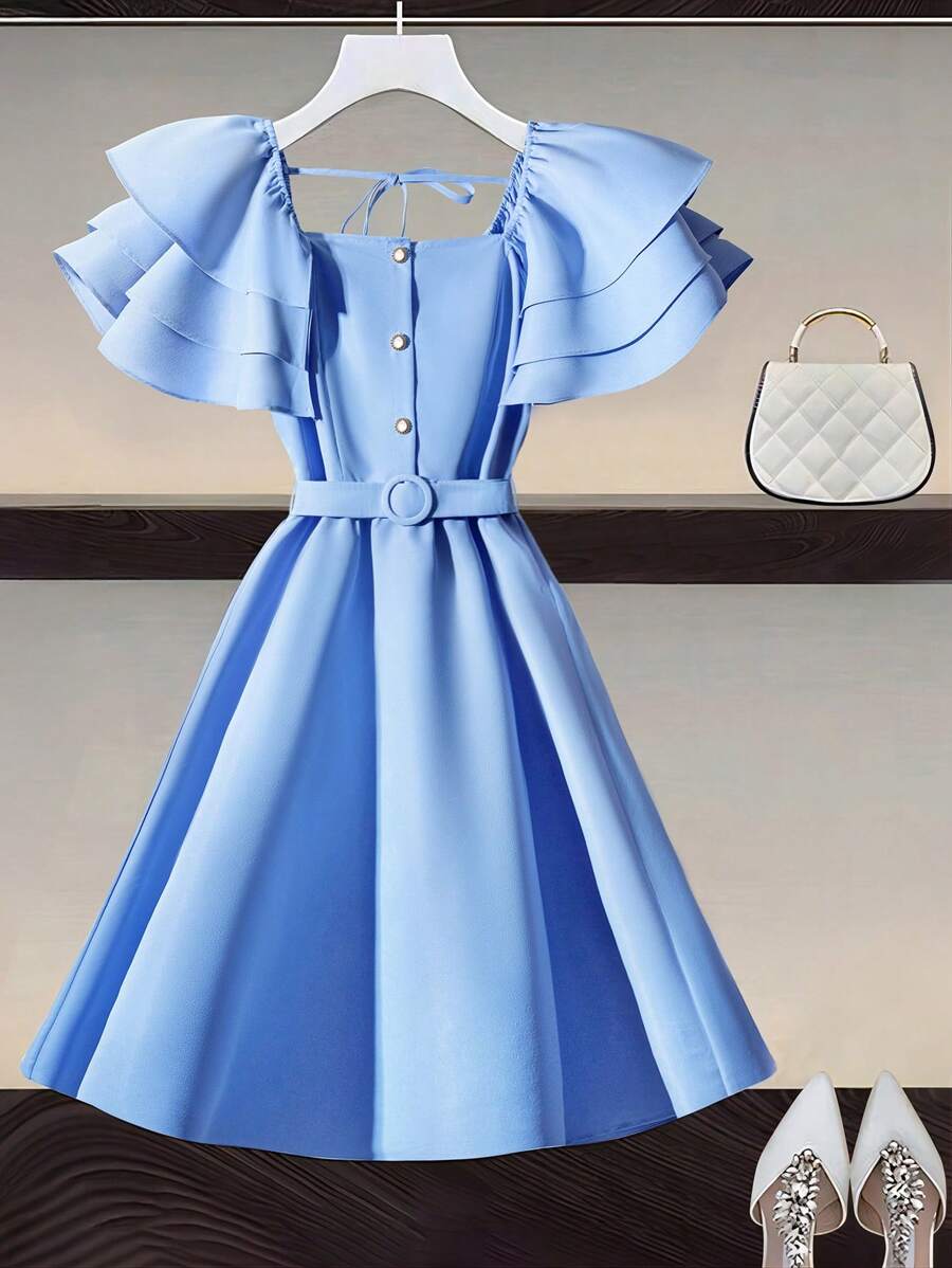 Franclia Elegantes mehrlagiges Rüschenärmel-Kleid mit quadratischem Ausschnitt und Gürtel in A-Linie für Damen im Business-Stil