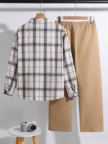 SHEIN 2件組青少年男孩休閒格紋領襯衫與工裝褲套裝，返校季秋季畢業領帶染配色，秋冬百搭極簡穿搭 - 白色 - 查看 2