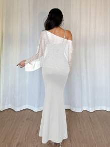 Chiquease 2 件套女士波尔卡圆点网眼不对称领口上衣和修身优雅美人鱼下摆吊带背心连衣裙 - 白色 - 查看 2