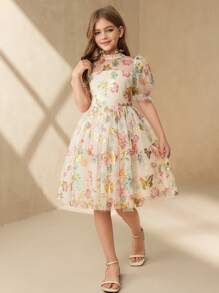 SHEIN 优雅女孩网眼花朵装饰公主裙，伴娘礼服，中长款，简约 - 杏色 - 查看 5