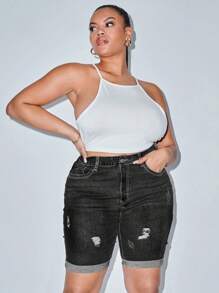 SHEIN Essnce Plus Size Autumn Casual Distressed Slim Denim Shorts  Autumn Outfits For Women Festival Outfits  Casual Biker Shorts - Dark Grey - View 4