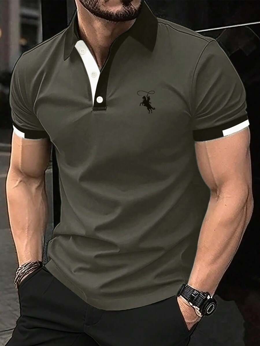 Manfinity Mode Men's Horse Print Short Sleeve Polo Shirt - Dark Grey - View 1