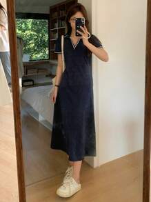 DAZY 女士 V 领休闲条纹中长连衣裙，适合工作夏季太阳裙衬衫裙