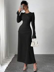 Firerie Vestido largo elegante con fruncidos para mujer