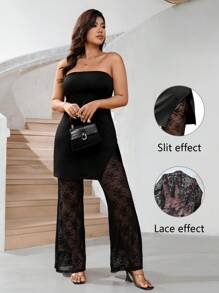 Celure Conjunto de 2 piezas talla grande: Top tubo corto de punto con abertura lateral y pantalones campana de encaje