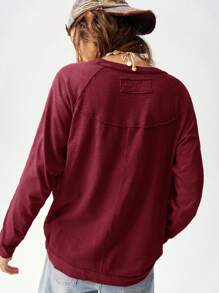 Bohemela Camiseta holgada de manga raglán de cuello redondo de punto de unicolor de vacaciones para mujeres