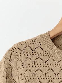 GlowEve 2件套女士纯色圆领短袖镂空针织上衣和针织短裤 - 駝色 - 查看 4