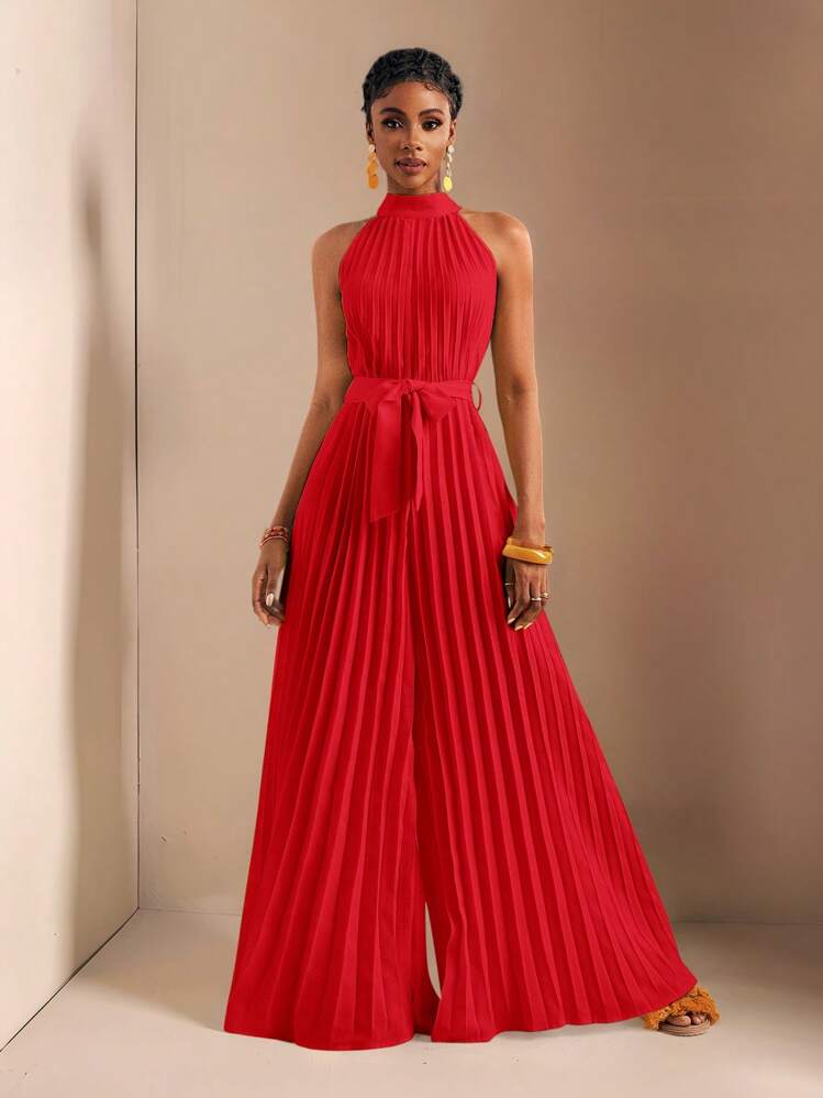 Zivah Spring And Summer New Style Casual Vacation Small Stand-Up Collar Sleeveless Pleated Ultra-Loose Wide-Legged Extra-Long Trousers Waistband Bowknot Yellow Women's Jumpsuit-M - Red - View 1