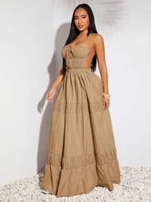 SHEIN SXY 春夏季度假婚礼情人节女装优雅洋气服装灰卡其色仿麻面料大吊带背心褶皱设计一摆长连衣裙