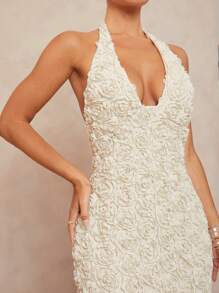 Lumalex 女士3D玫瑰花装饰U领紧身开衩无袖连衣裙 - 杏色 - 查看 3