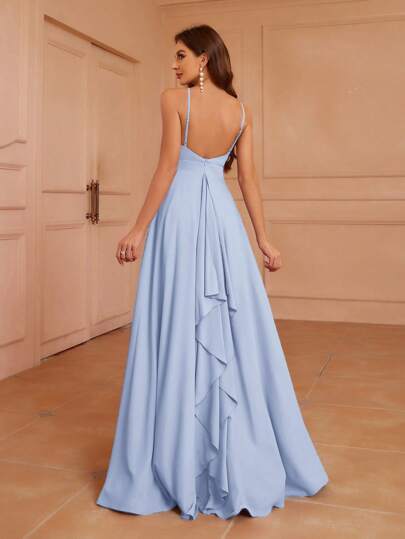 Aureia Adults Halter Neck, Low Back, Waist Gathering, A-Line Silhouette, Asymmetrical Ruffle Back Design Bridesmaid Dress Wedding Guest Dress - Elegant Floor Length Gown For Formal Occasion