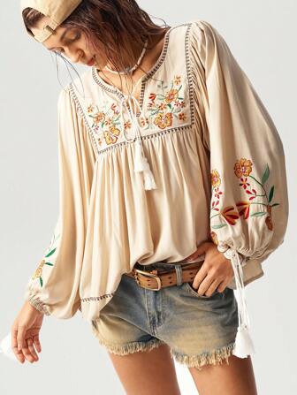 Bohemela 1 件女士度假纯色梭织镂空 V 领长袖衬衫