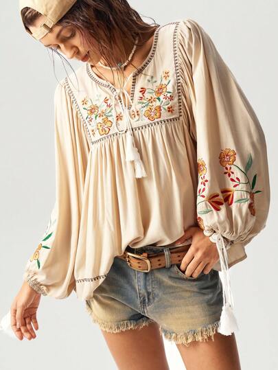 Bohemela 1pc Women's Vacation Solid Woven Cut Out V-Neck Long Sleeve Blouse