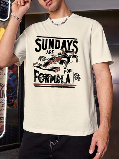Manfinity Dauomo Sunday Is For Formula Racing Fans - Fashionable Racing Car & Letter Print T-Shirt, Men Casual Round Neck Short Sleeve Top For Summer