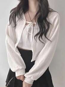 DAZY Áo thun nữ tay dài buộc nơ phía trước màu trơn đơn giản - trắng - Xem 1