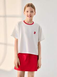 SHEIN Tween Girl Back-To-School White And Red Summer Casual School Outdoor Sports Short Sleeve T-Shirt & Skirt Set,Children Round Neck Patchwork Contrast - White - View 4