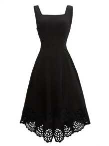 Elenzga Women Square Neck Sleeveless Perforated Hem Elegant Short Dress