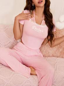 Lace Patchwork Women's Pajama Set, Fashion For Summer - Pink - View 5